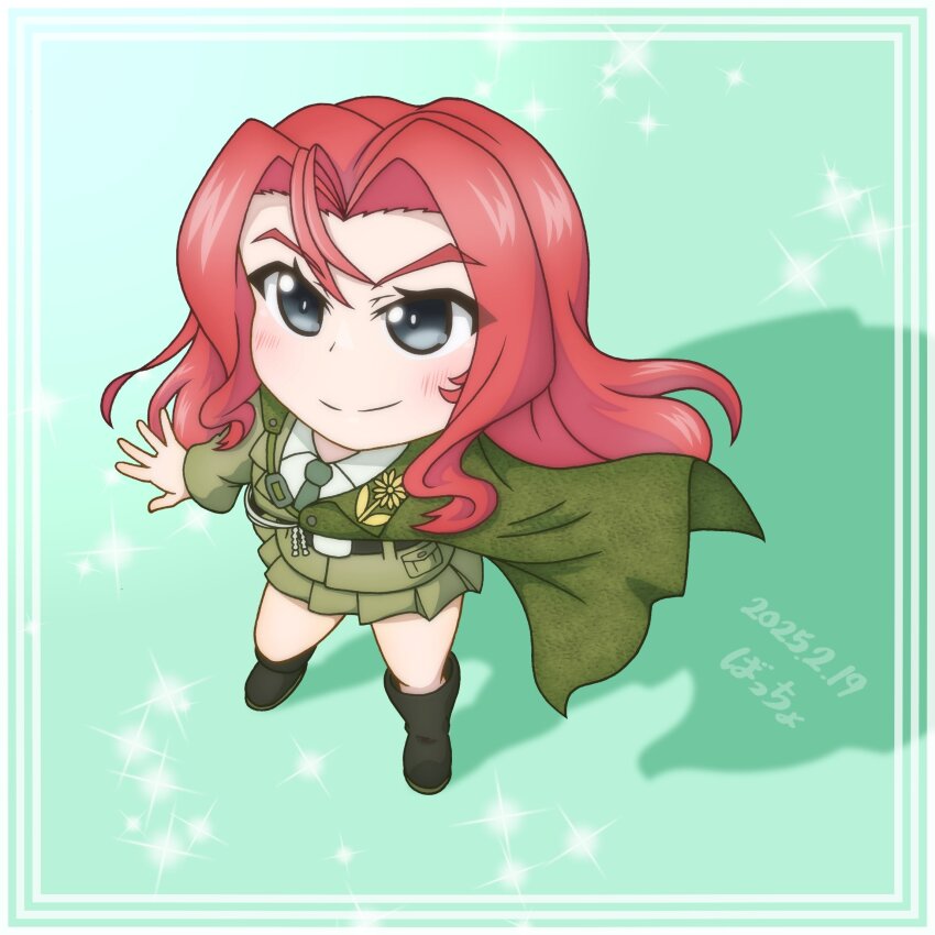 black_boots, black_eyes, bonple_military_uniform, boots, brown_skirt, cape, chibi, chibi_only