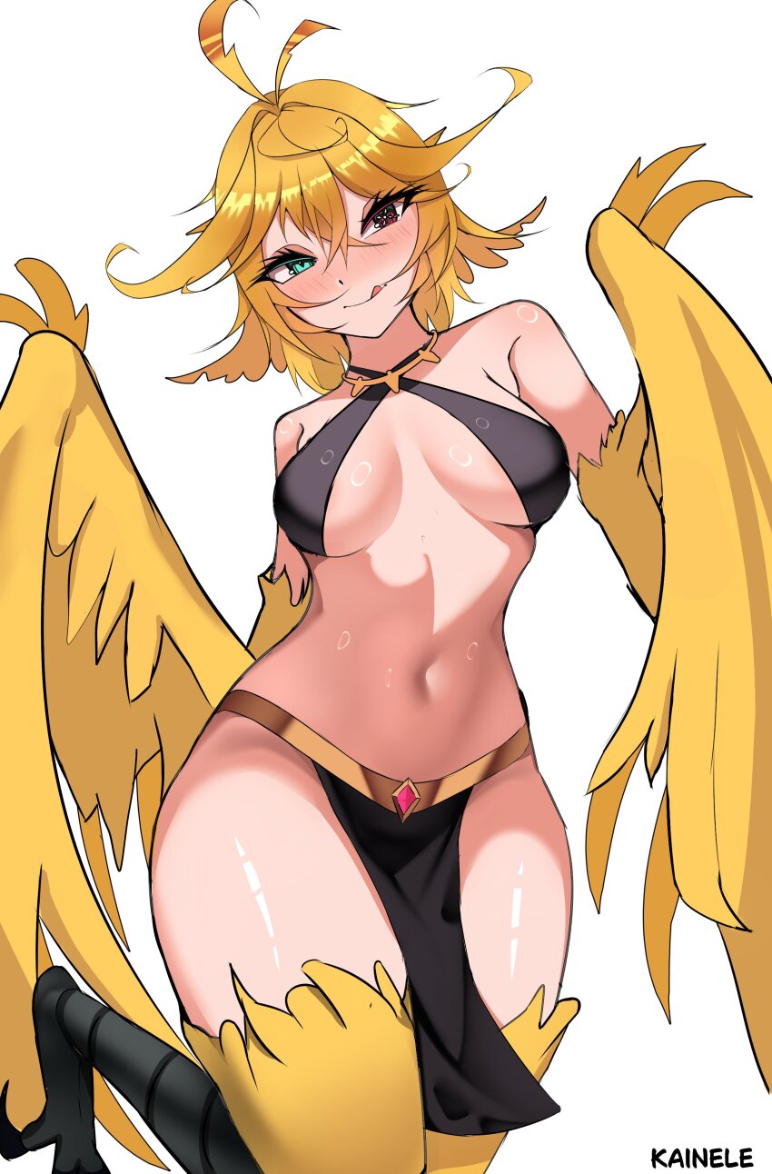 1girl, absurdres, artist_name, bare_shoulders, bird_legs, blonde_hair, blush, breasts, commentary, dokibird, english_commentary, feathered_wings, feathers, green_eyes, hair_between_eyes, harpy, highres, indie_virtual_youtuber, kainele, licking_lips, long_hair, looking_at_viewer, medium_breasts, messy_hair, monster_girl, monsterification, pelvic_curtain, simple_background, sling_bikini_top, smile, solo, tongue, tongue_out, virtual_youtuber, white_background, winged_arms, wings, yellow_feathers, yellow_wings