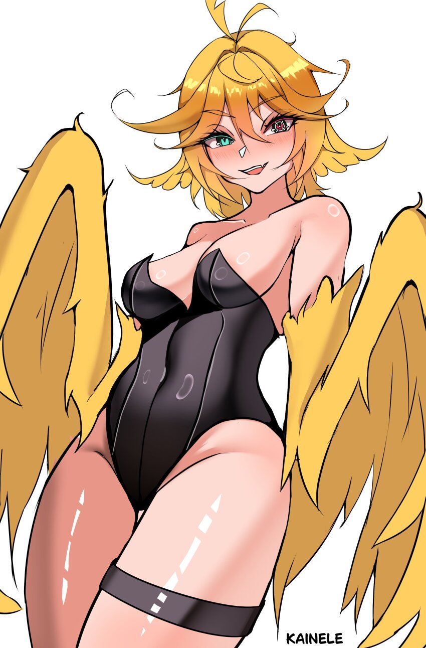 1girl, absurdres, artist_name, bare_shoulders, black_leotard, blonde_hair, blush, breasts