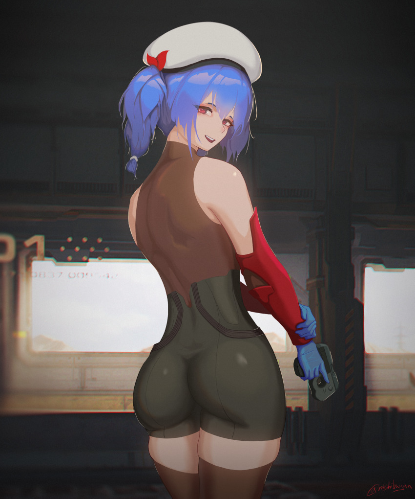 1girl, absurdres, ass, beret, black_bodysuit, blue_gloves, blue_hair, bodysuit, braid, braided_twintails, colphne_(girls'_frontline_2), colphne_(silent_heart)_(girls'_frontline_2), from_behind, girls'_frontline, girls'_frontline_2:_exilium, gloves, gun, handgun, hat, highres, holding, holding_gun, holding_weapon, latex, latex_gloves, looking_at_viewer, looking_back, nishibuya, pistol, pocket_pistol, short_twintails, sleeveless, sleeveless_bodysuit, smile, solo, taurus_curve, twintails, weapon, white_hat