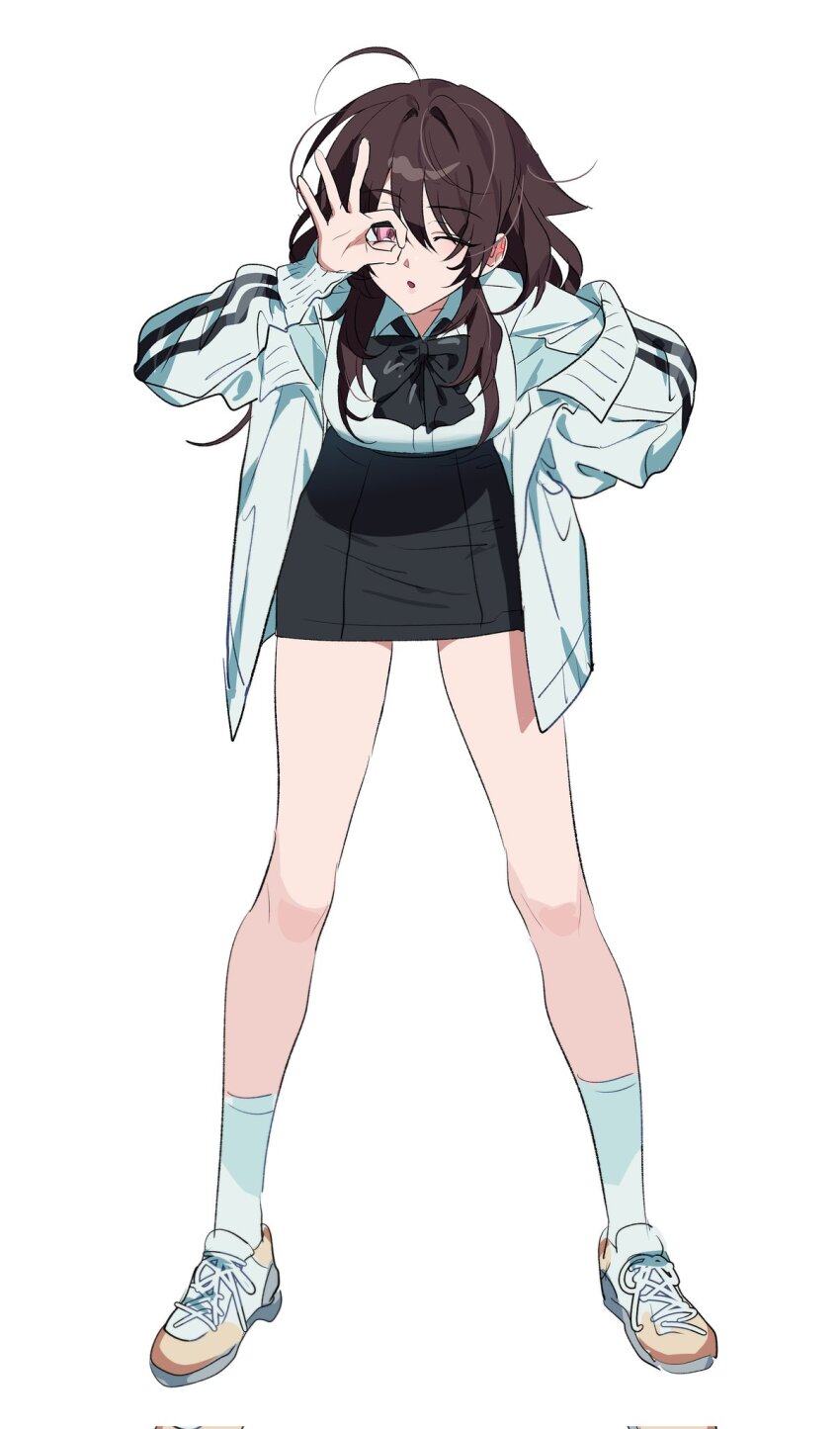 1girl, bow, bowtie, coat, green_jacket, highres, jacket, long_hair, looking_at_viewer, malga_(milky721), one_eye_closed, open_mouth, original, shirt, shoes, simple_background, sneakers, solo, white_background, white_shirt