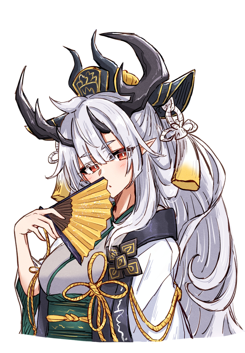 1girl, absurdres, arknights, black_horns, bright_pupils, commentary_request, cropped_torso, eyes_visible_through_hair