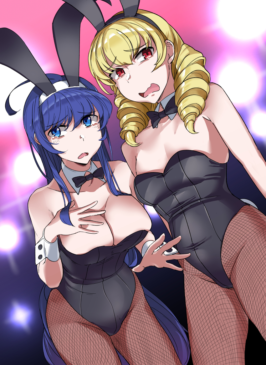 2girls, ahoge, animal_ears, blonde_hair, blue_eyes, blue_hair, bow, bowtie