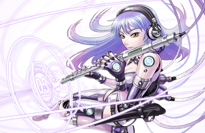 1girl, album_cover, android, blue_hair, breasts, cover, exit_trance, exit_tunes