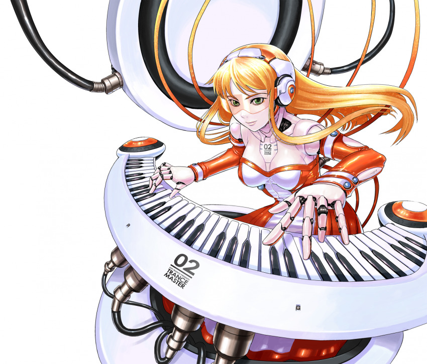 1girl, android, bodysuit, breasts, commentary_request, dress, exit_trance, exit_tunes