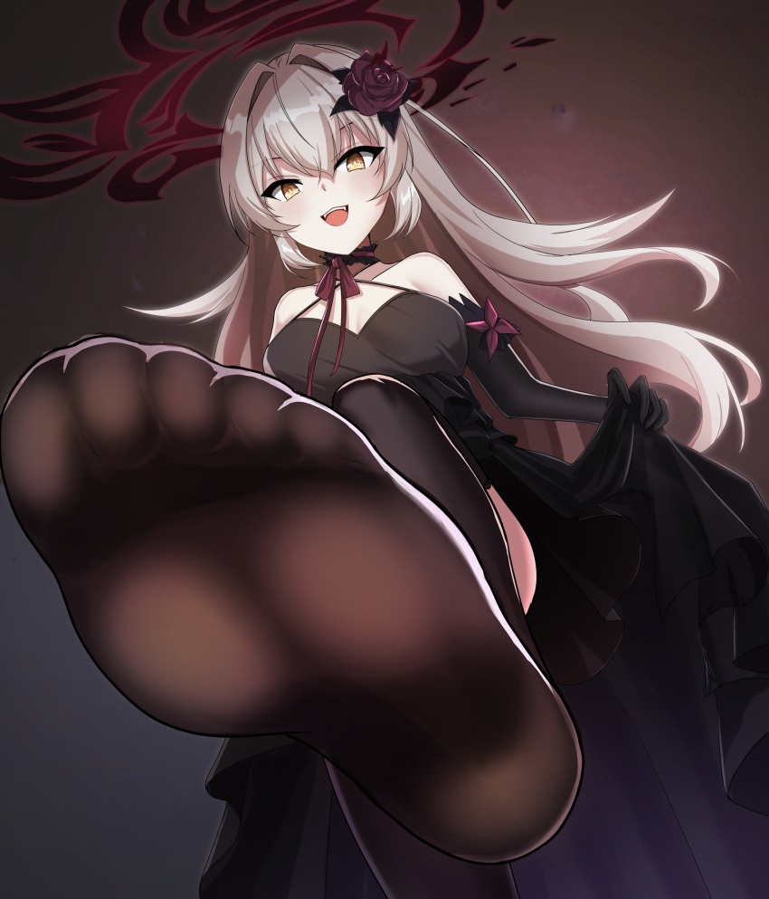 >:), 1girl, :d, absurdres, bare_shoulders, black_dress, black_gloves, black_halo, breasts, bright_pupils, brown_eyes, brown_hair, clothes_lift, commentary, counter:side, dark_background, dark_halo, dress, elbow_gloves, eve_meitner, feet, flower, foot_focus, foreshortening, gloves, gradient_halo, hair_between_eyes, hair_flower, hair_intakes, hair_ornament, halo, halter_dress, halterneck, highres, long_hair, looking_at_viewer, looking_down, medium_breasts, multicolored_halo, no_shoes, open_mouth, osunahanko, red_flower, red_halo, red_rose, ringed_eyes, rose, skirt, skirt_lift, smile, soles, solo, teeth, thighhighs, upper_teeth_only, v-shaped_eyebrows, white_pupils