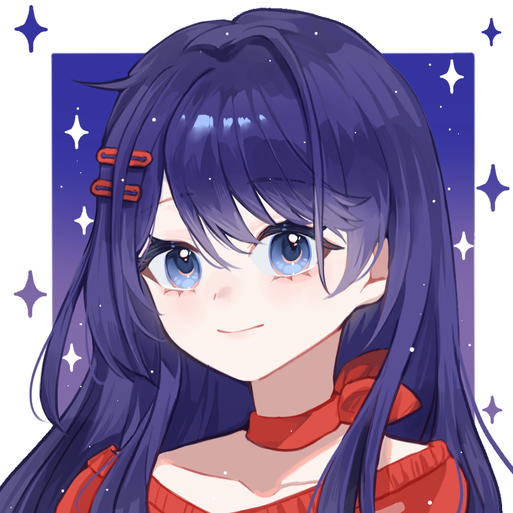 1girl, blue_background, blue_eyes, blue_hair, border, chilizi, choker, hair_ornament, hairclip, kind_mita_(miside), looking_at_viewer, miside, mita_(miside), outside_border, portrait, red_choker, red_sweater, smile, solo, sparkle, sweater, white_border