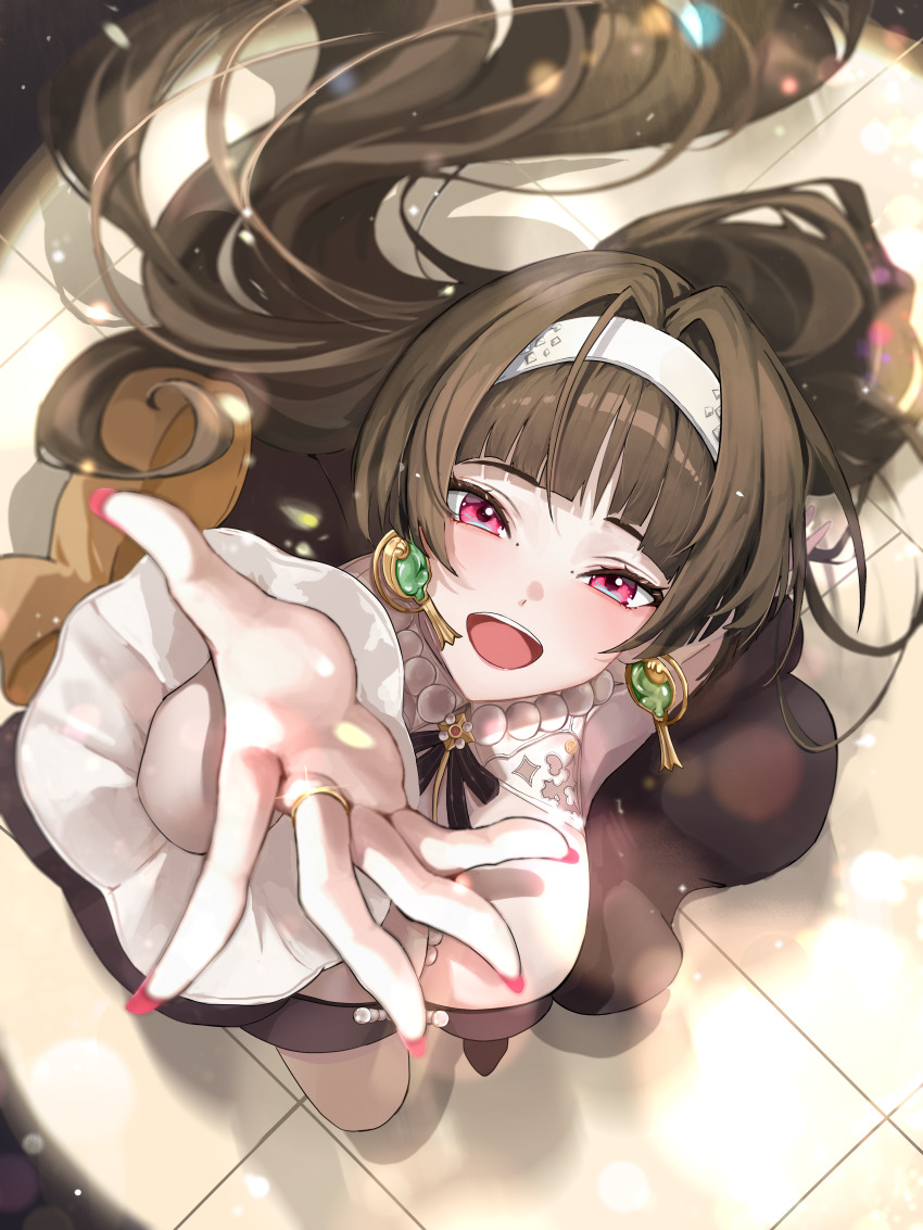 1girl, absurdres, astra_yao, astra_yao_(chandelier), black_dress, black_hair, breasts, commentary