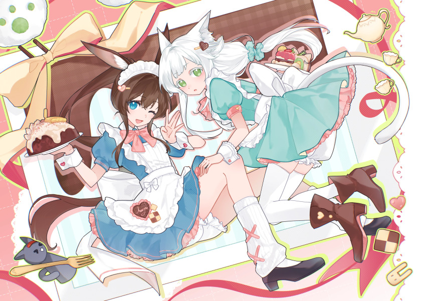 2girls, ;d, absurdres, alternate_costume, amiya_(arknights), ankle_boots, apron, arknights