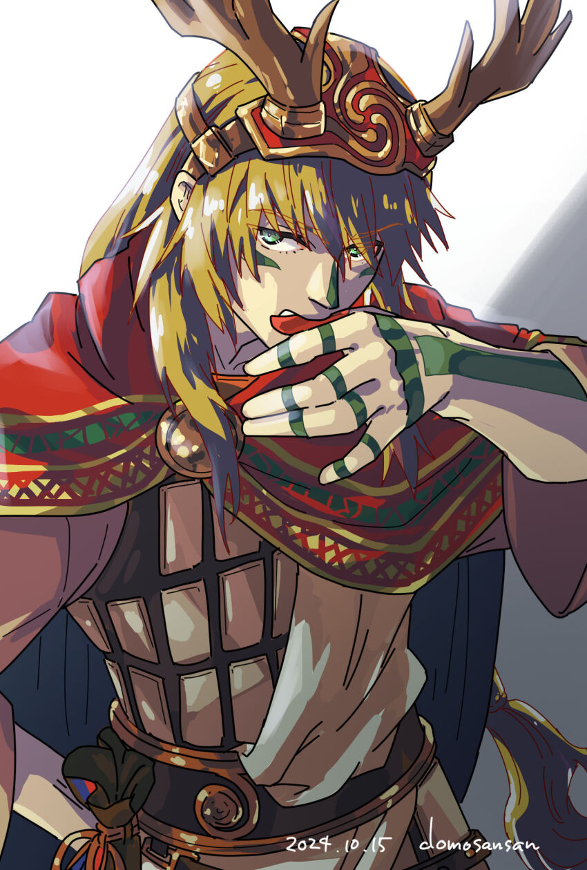 1boy, 2024, antlers, blonde_hair, bodypaint, cloak, dated, demon_(megami_tensei)