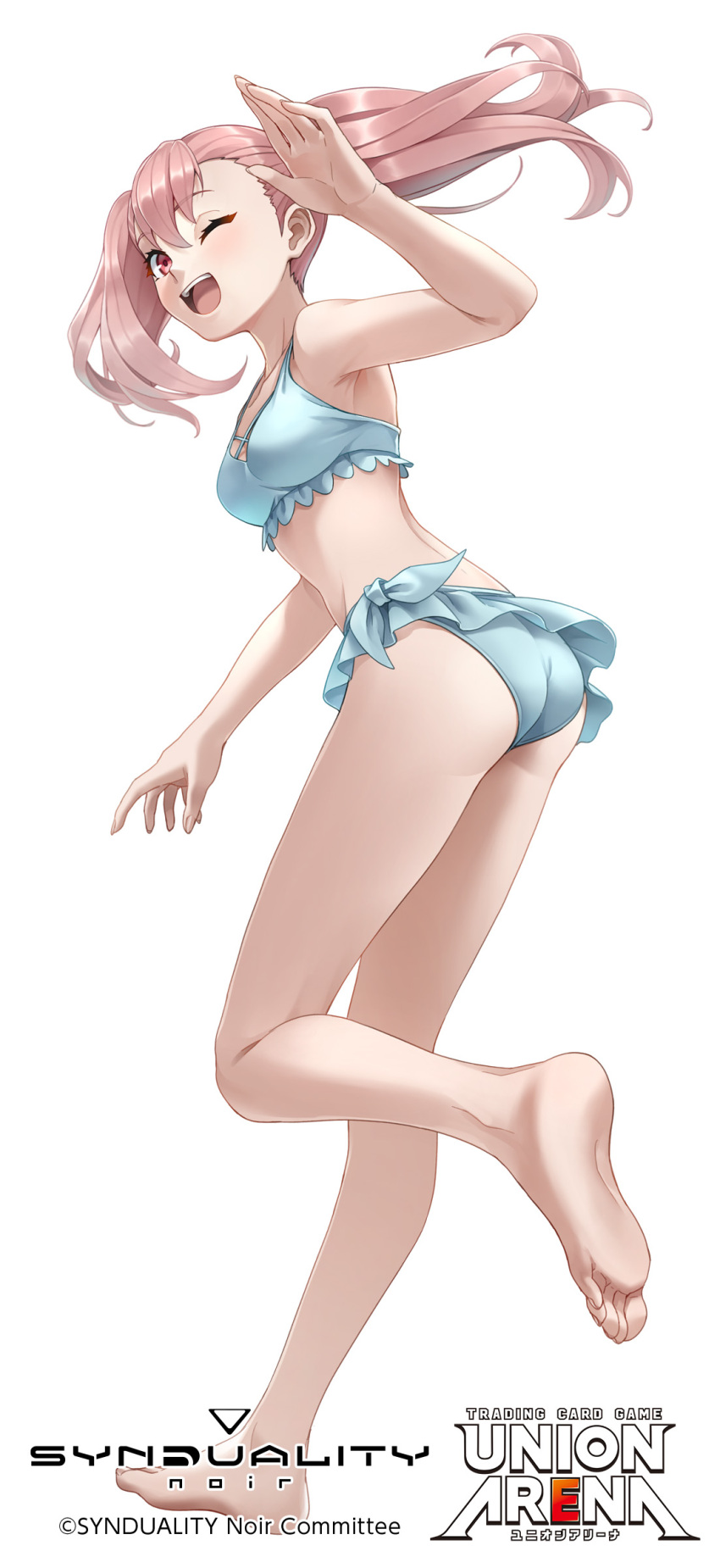 1girl, absurdres, arms_up, bare_arms, bare_legs, bare_shoulders, barefoot, bikini, center-flap_bangs, ellie_(synduality), frilled_bikini, frills, from_behind, full_body, highres, leaning_forward, logo, looking_back, midriff, official_art, one_eye_closed, pink_hair, running, swimsuit, synduality, synduality_noir, twintails, tyuga
