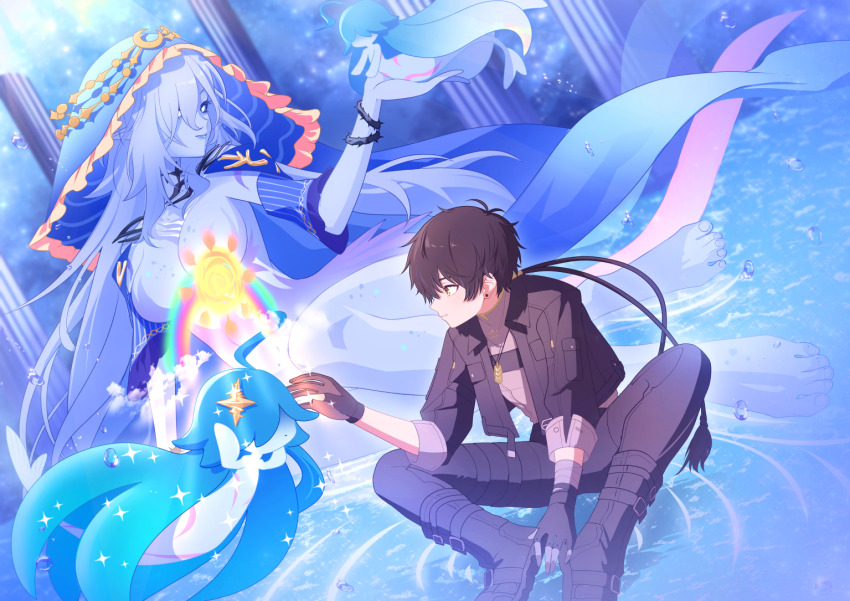 1boy, 1girl, bandaged_arm, bandages, black_gloves, black_hair, black_jacket, black_pants