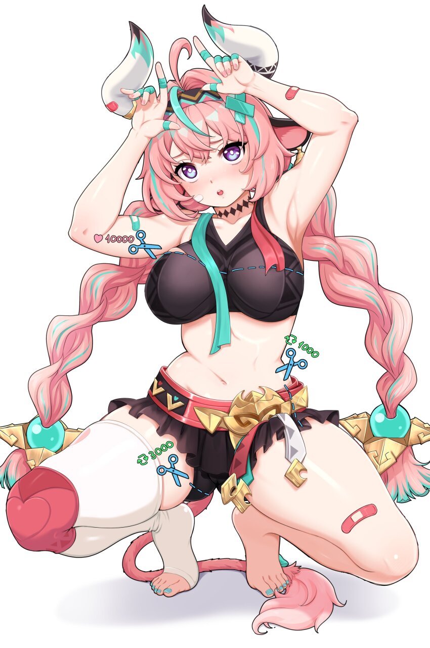 1girl, absurdres, ahoge, animal_ears, aqua_hair, braid, breasts, cow_ears, cow_girl, cow_horns, cow_tail, cut-here_line, dotted_line, feet, genshin_impact, highres, horns, large_breasts, like_and_retweet, long_hair, multicolored_hair, navel, orika_nekoi, pink_hair, purple_eyes, scissors, solo, squatting, streaked_hair, tail, toes, twin_braids, twitter_cutting_game, twitter_strip_game, twitter_strip_game_parody, varesa_(genshin_impact), white_background