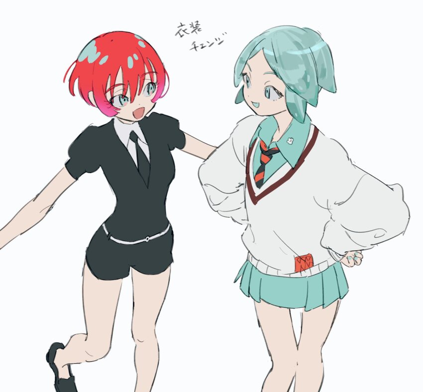 1girl, 1other, amate_yuzuriha, amate_yuzuriha_(cosplay), androgynous, aqua_eyes, aqua_hair, aqua_nails, collared_shirt, colored_mouth, cosplay, crossover, gundam, gundam_gquuuuuux, highres, houseki_no_kuni, kurosawa_tomoyo, looking_at_another, necktie, open_mouth, phosphophyllite, phosphophyllite_(cosplay), pleated_skirt, puffy_short_sleeves, puffy_sleeves, red_hair, shirt, short_hair, short_shorts, short_sleeves, shorts, simple_background, sketch, skirt, sleeves_past_wrists, smile, striped_clothes, striped_necktie, sweater, tkrkve43, voice_actor_connection, white_background, white_sweater