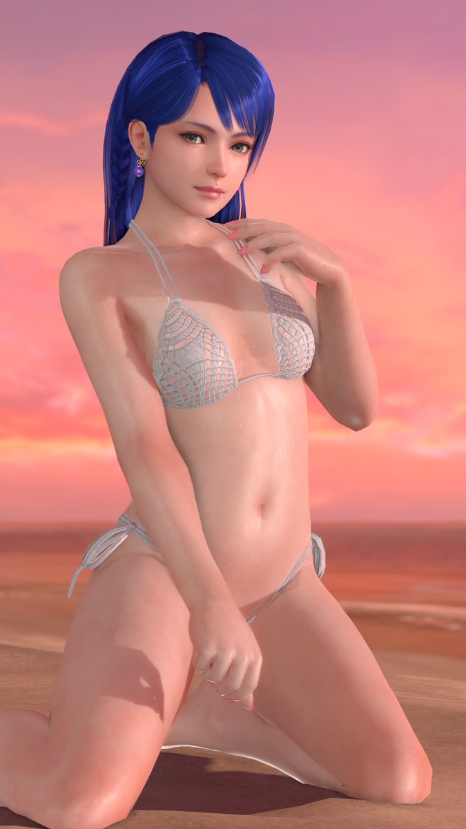 beach, bikini, blue_hair, breasts, dead_or_alive, dead_or_alive_xtreme, dead_or_alive_xtreme_venus_vacation, earrings, game_cg, green_eyes, highres, jewelry, kneeling, lobelia_(doa), looking_at_viewer, navel, ocean, official_art, outdoors, shiny_skin, small_breasts, stomach, swimsuit, thighs, water, wet