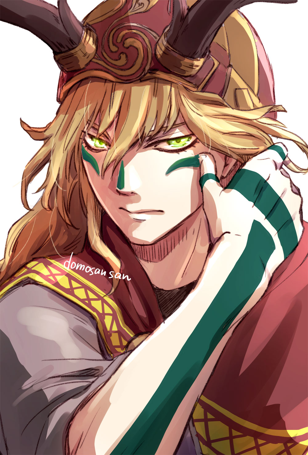 1boy, antlers, bishounen, blonde_hair, bodypaint, cloak, closed_mouth, demon_(megami_tensei)