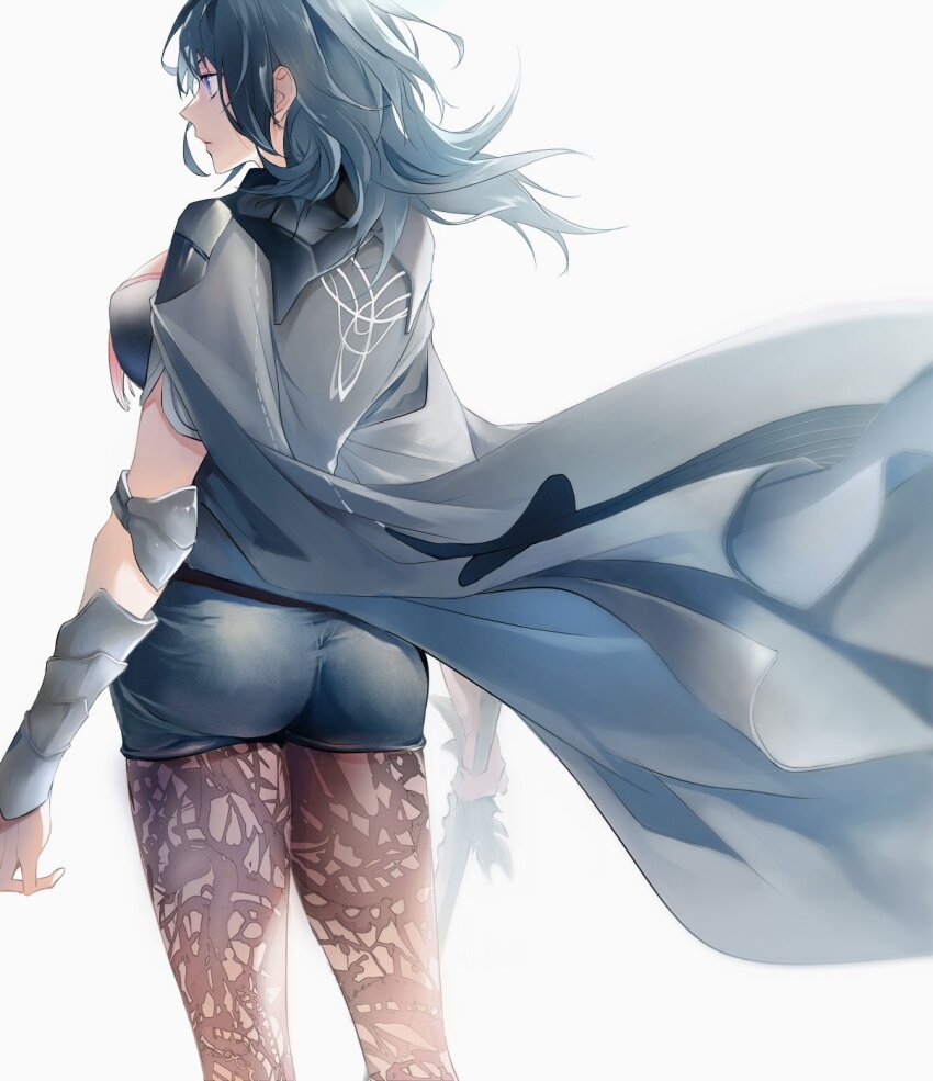 1girl, ass, backboob, black_coat, black_hair, blue_eyes, breasts, female_byleth_(fire_emblem)