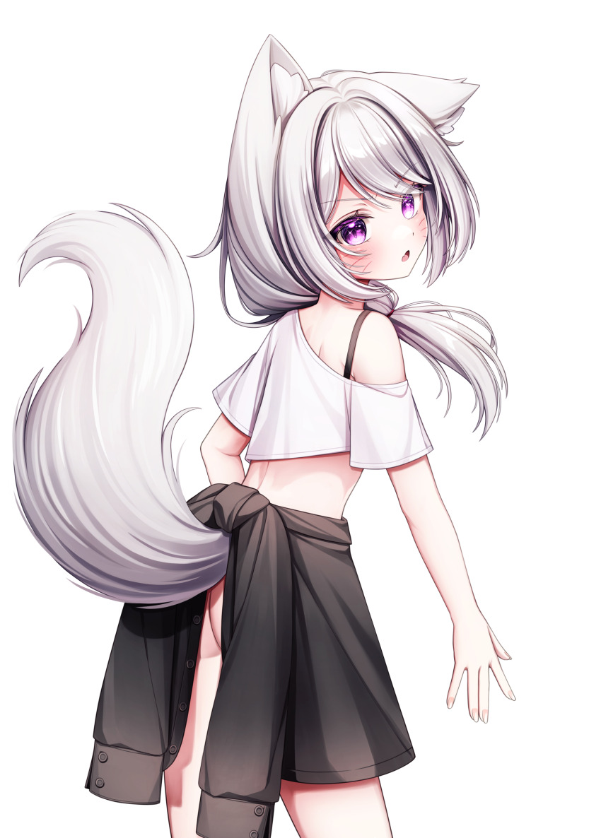 1boy, absurdres, animal_ears, black_jacket, cat_boy, cat_ears, cat_tail, clothes_around_waist, commission, cropped_shirt, dasom, fang, hair_over_shoulder, highres, jacket, jacket_around_waist, long_hair, looking_at_viewer, off-shoulder_shirt, off_shoulder, open_mouth, original, purple_eyes, shirt, simple_background, skin_fang, tail, trap, v-shaped_eyebrows, white_background, white_hair, white_shirt
