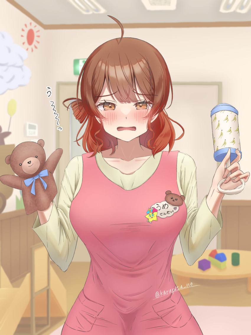 1girl, :o, absurdres, ahoge, apron, blush, breasts, brown_hair, collarbone, commentary_request, furrowed_brow, gakuen_idolmaster, hanami_ume, hand_puppet, highres, holding, holding_rattle, idolmaster, indoors, karupisu_110, large_breasts, looking_at_viewer, orange_hair, pink_apron, puppet, rattle, shirt, solo, twitter_username, yellow_shirt