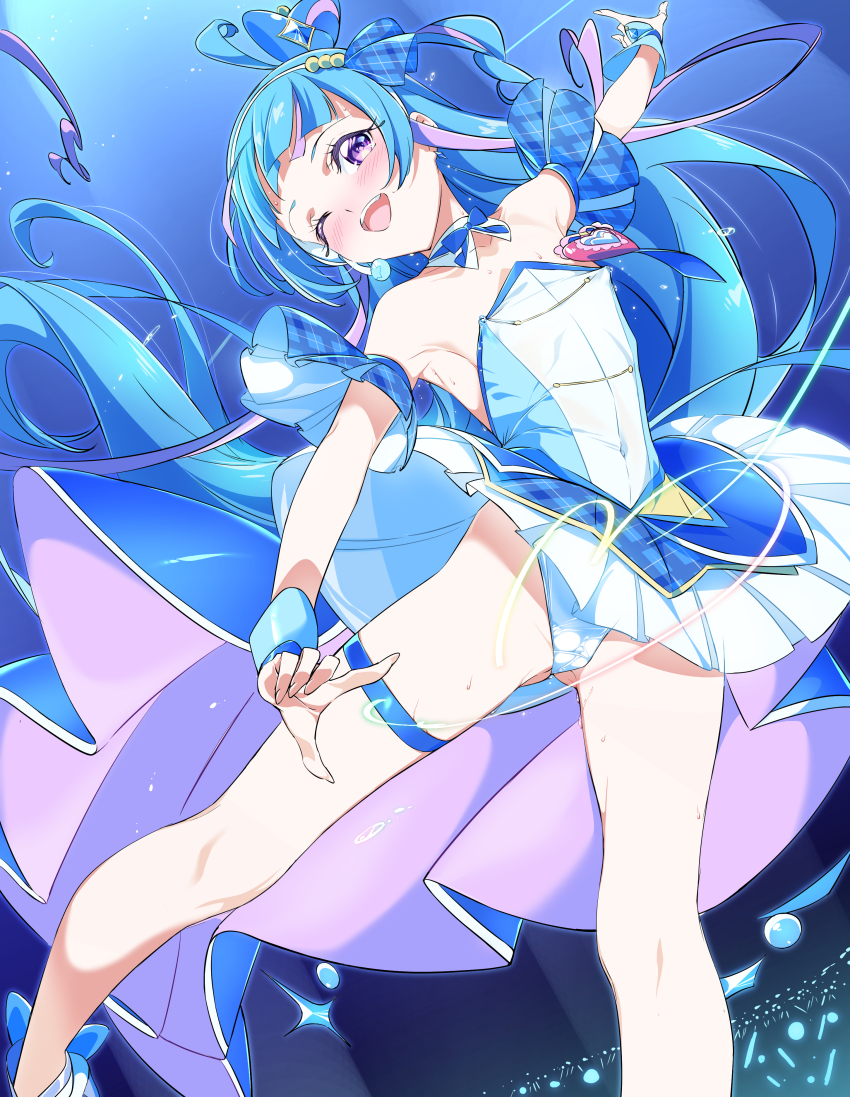 1girl, absurdres, aokaze_nana, blue_bow, blue_bowtie, blue_hair, blue_shirt, blue_skirt