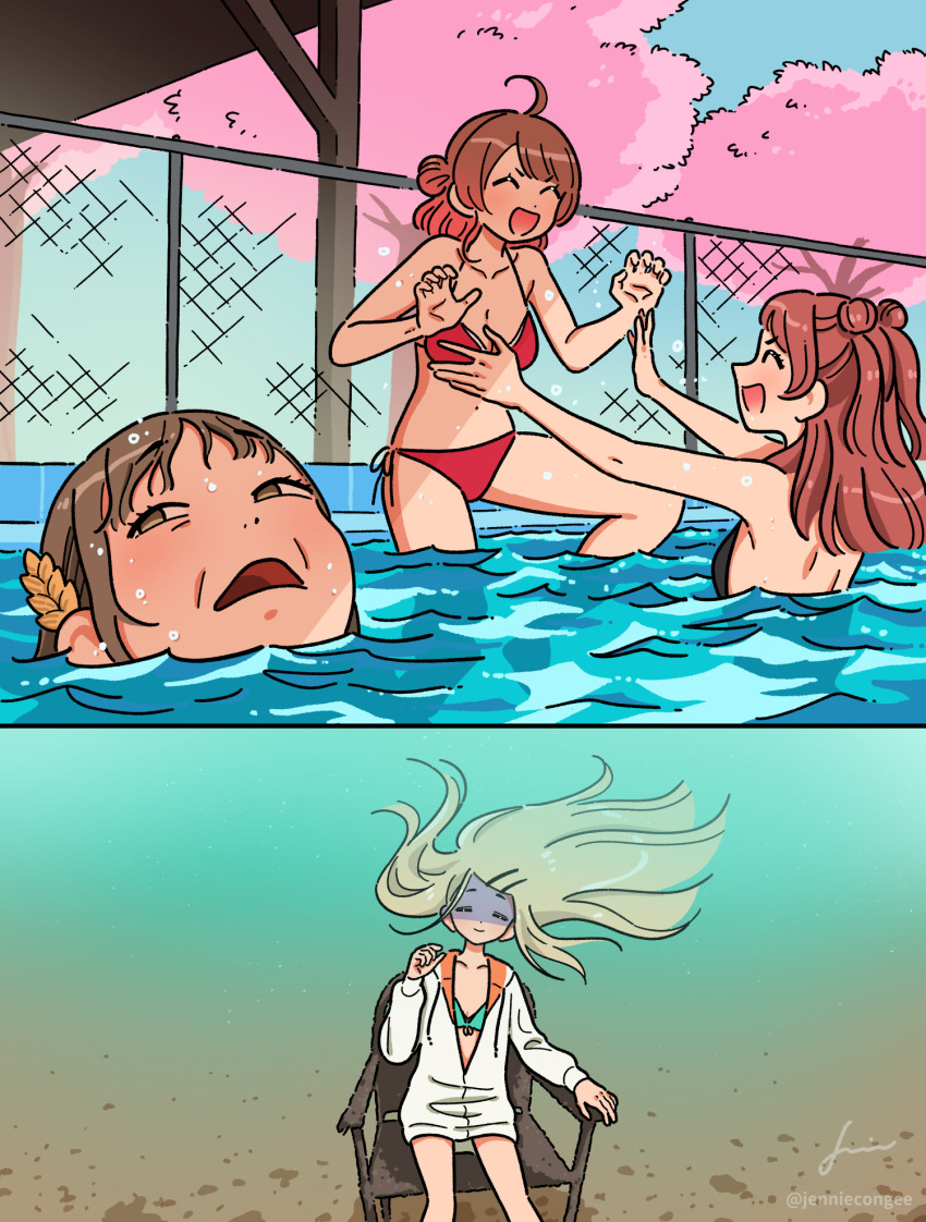 4girls, ^_^, ahoge, bikini, black_bikini, blonde_hair, breasts, brown_hair