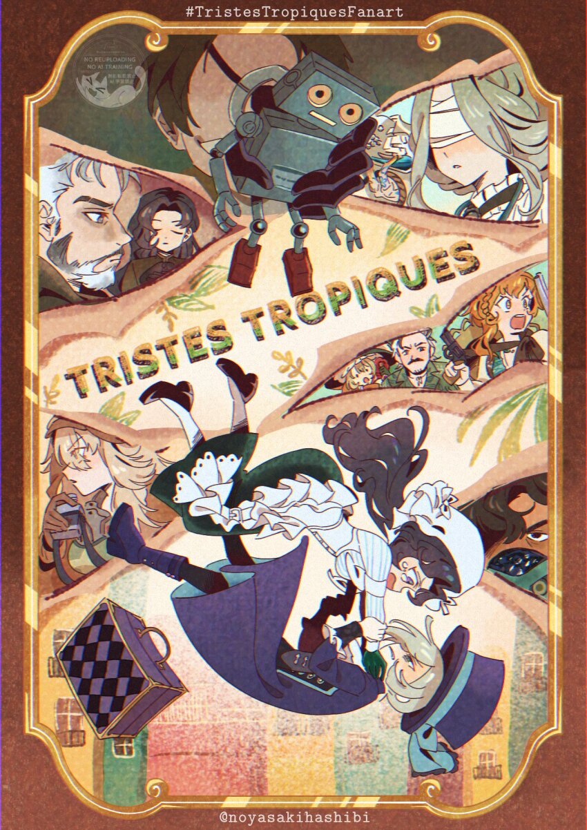 4boys, 6+girls, :o, anjo_nala, beard, black_gloves, black_hair, black_pants, black_shoes, black_skirt, blindfold, blonde_hair, blue_bow, boater_hat, boots, border, bow, brown_border, closed_eyes, coat, coif, corset, dores_(reverse:1999), eye_contact, eyepatch, face-to-face, facial_hair, falling, french_text, from_side, glass_bottle, gloves, green_gloves, grey_hair, gun, handgun, hashibi_(noyasakihashibi), hat, hat_bow, highres, holding, holding_gun, holding_toy, holding_weapon, igor_(reverse:1999), lilya_(reverse:1999), long_hair, long_skirt, looking_at_another, lopera_(reverse:1999), mature_male, moldir_(reverse:1999), mr._duncan_(reverse:1999), multiple_boys, multiple_girls, no_eyes, old, old_man, open_mouth, orange_eyes, orange_hair, ornate_border, pants, pantyhose, ptolemy_(reverse:1999), purple_boots, purple_coat, purple_eyes, purple_hat, reverse:1999, sailing_ship, ship_in_a_bottle, shirt, shoes, short_hair, siblings, sisters, skeletal_hand, skirt, sotheby, step-siblings, strangling, striped_clothes, striped_shirt, suitcase, tearing_up, toy, toy_robot, twitter_username, urd_(reverse:1999), vertical-striped_clothes, vertical-striped_shirt, vertin_(reverse:1999), watermark, weapon, white_corset, white_hair, white_hat, white_pantyhose, white_rum_(reverse:1999), white_shirt