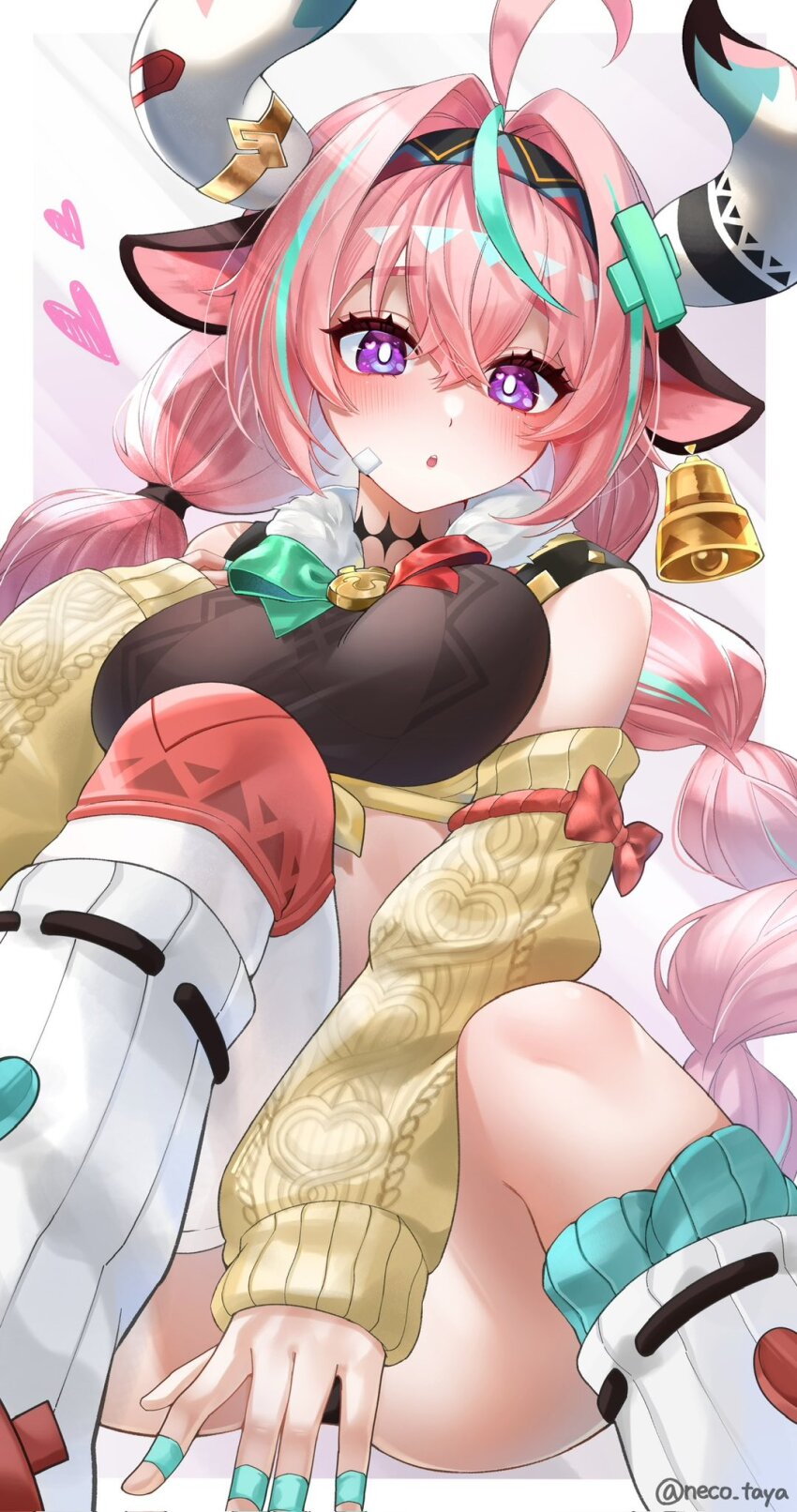 1girl, ahoge, animal_ears, aqua_hair, arm_between_legs, bandages, bell, bow, braid, breasts, bright_pupils, cow_ears, cow_girl, cowbell, detached_sleeves, genshin_impact, hairband, heart, highres, horns, leg_warmers, long_hair, long_sleeves, looking_at_viewer, multicolored_hair, neco_taya, pink_hair, purple_eyes, single_thighhigh, thighhighs, twin_braids, twitter_username, varesa_(genshin_impact), white_pupils