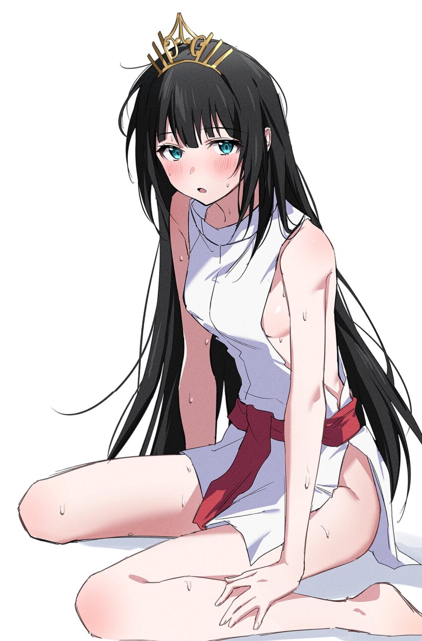 1girl, bare_legs, black_hair, blunt_bangs, blunt_sidelocks, blush, breasts, feet_out_of_frame