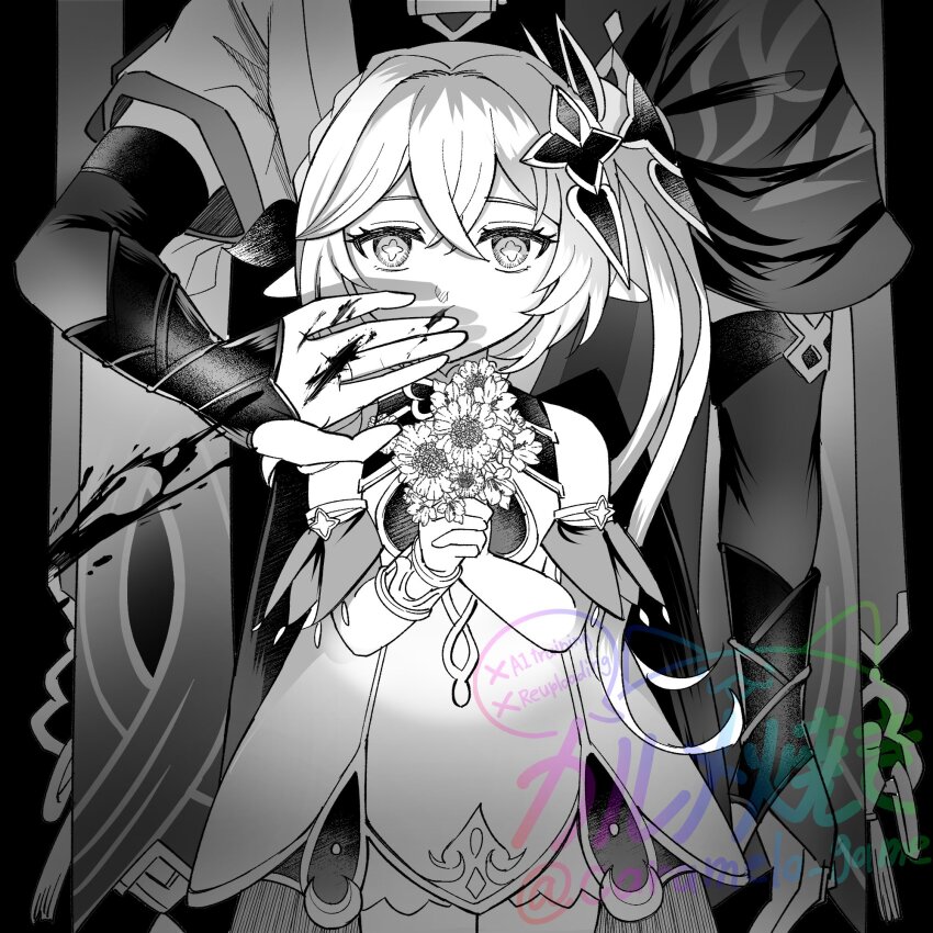 1boy, 1girl, arm_at_side, armlet, armor, bare_shoulders, behind_another, blood