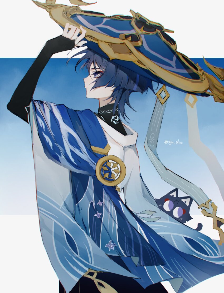 1boy, animal_print, animalization, bird_print, black_bridal_gauntlets, black_cat, blue_background, blue_cape