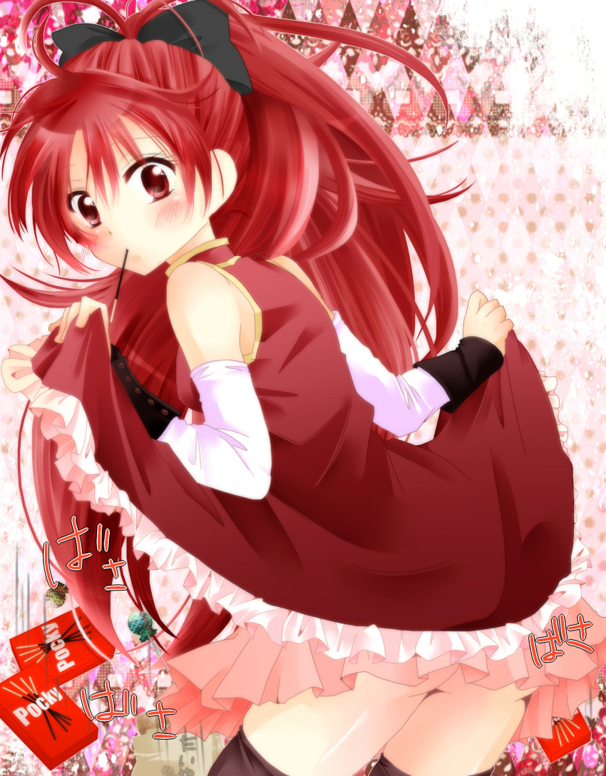 1girl, bakemonogatari, black_thighhighs, blush, bow, candy, clothes_lift, female_focus