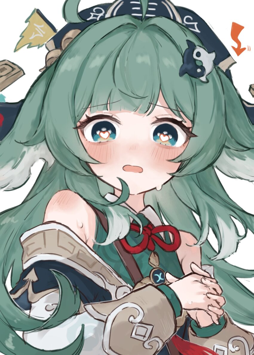 1girl, ahoge, animal_ears, bare_shoulders, black_hat, blush, commentary_request, detached_sleeves, dianzi, dress, enunu_7e, fox_ears, fox_girl, green_dress, green_eyes, green_hair, hair_ornament, hat, heart, heart-shaped_pupils, highres, honkai:_star_rail, honkai_(series), huohuo_(honkai:_star_rail), interlocked_fingers, long_hair, long_sleeves, looking_at_viewer, neck_ribbon, open_mouth, own_hands_together, red_ribbon, ribbon, simple_background, solo, sweatdrop, symbol-shaped_pupils, upper_body, white_background, yin_yang_hair_ornament