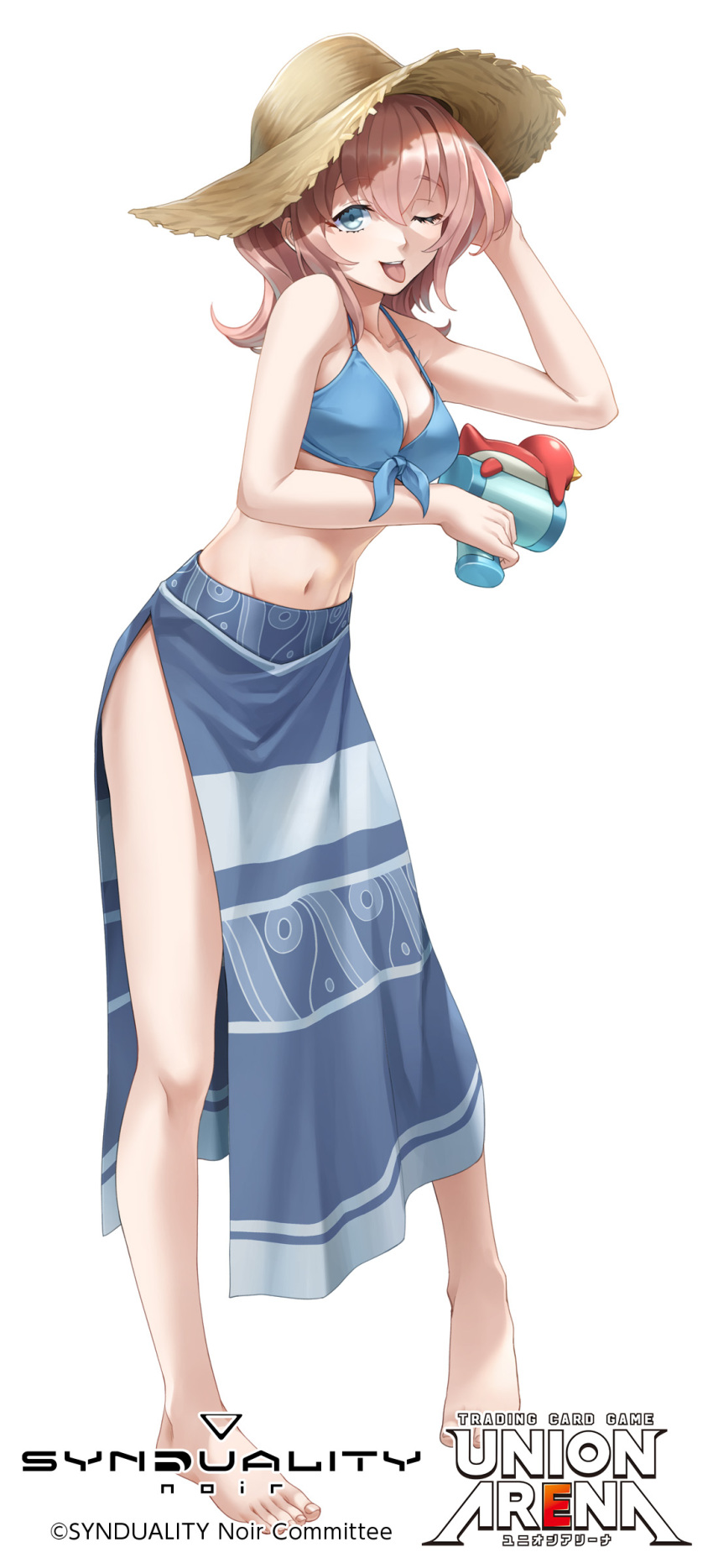 1girl, absurdres, bare_arms, bare_legs, bare_shoulders, barefoot, bikini, flipped_hair, full_body, green_eyes, hair_between_eyes, hand_on_headwear, hat, highres, holding, holding_water_gun, logo, long_hair, long_skirt, maria_(synduality), midriff, navel, official_art, one_eye_closed, pigeon-toed, pink_hair, side_slit, skirt, standing, straw_hat, swimsuit, synduality, synduality_noir, tongue, tongue_out, tyuga, water_gun