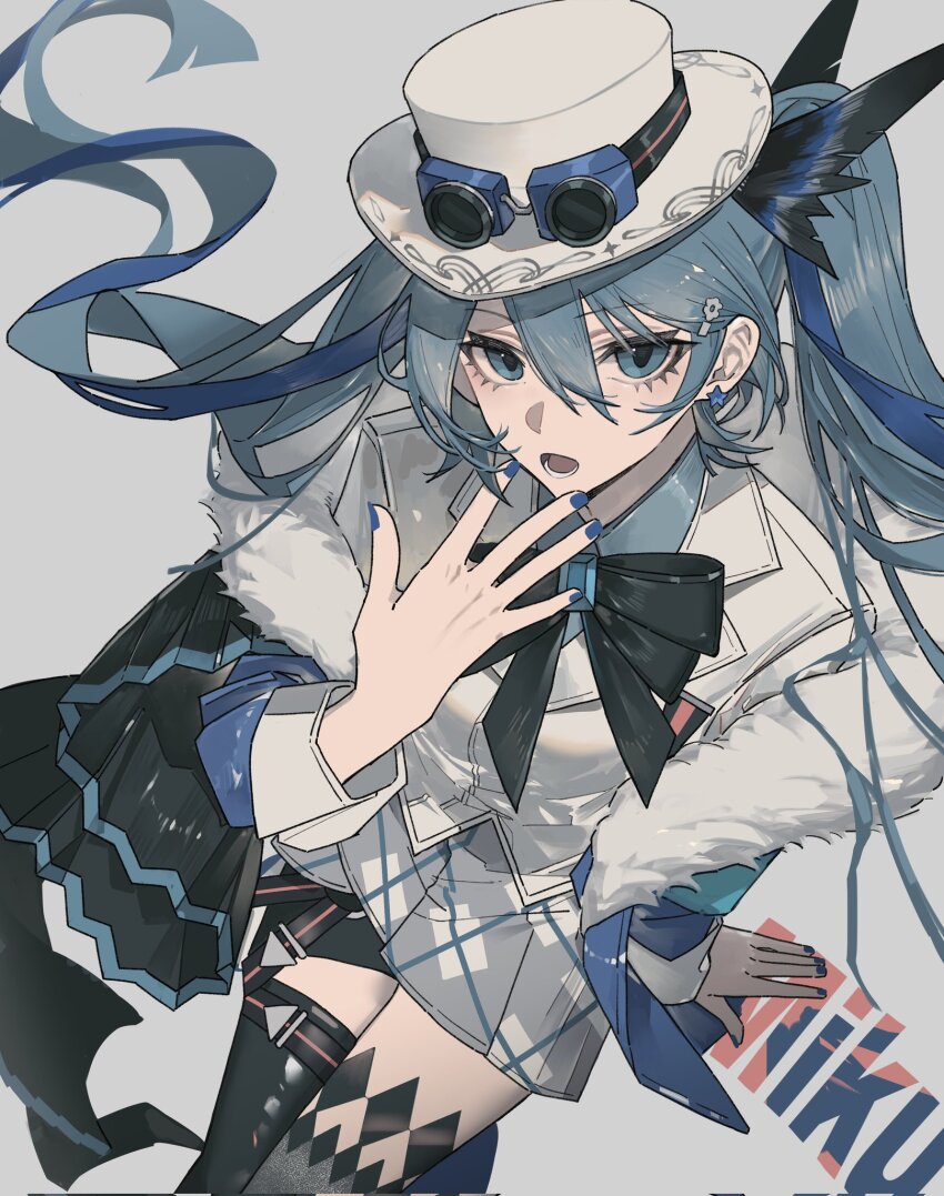 1girl, arm_support, asymmetrical_legwear, black_bow, black_bowtie, black_thighhighs, blue_eyes, blue_hair