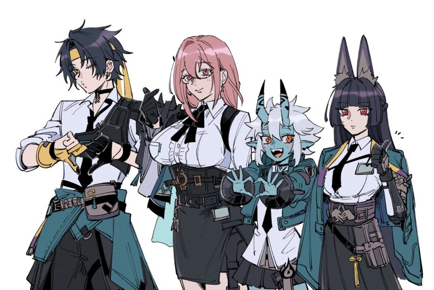 1boy, 3girls, animal_ear_fluff, animal_ears, aqua_jacket, asaba_harumasa, asymmetrical_gloves, belt