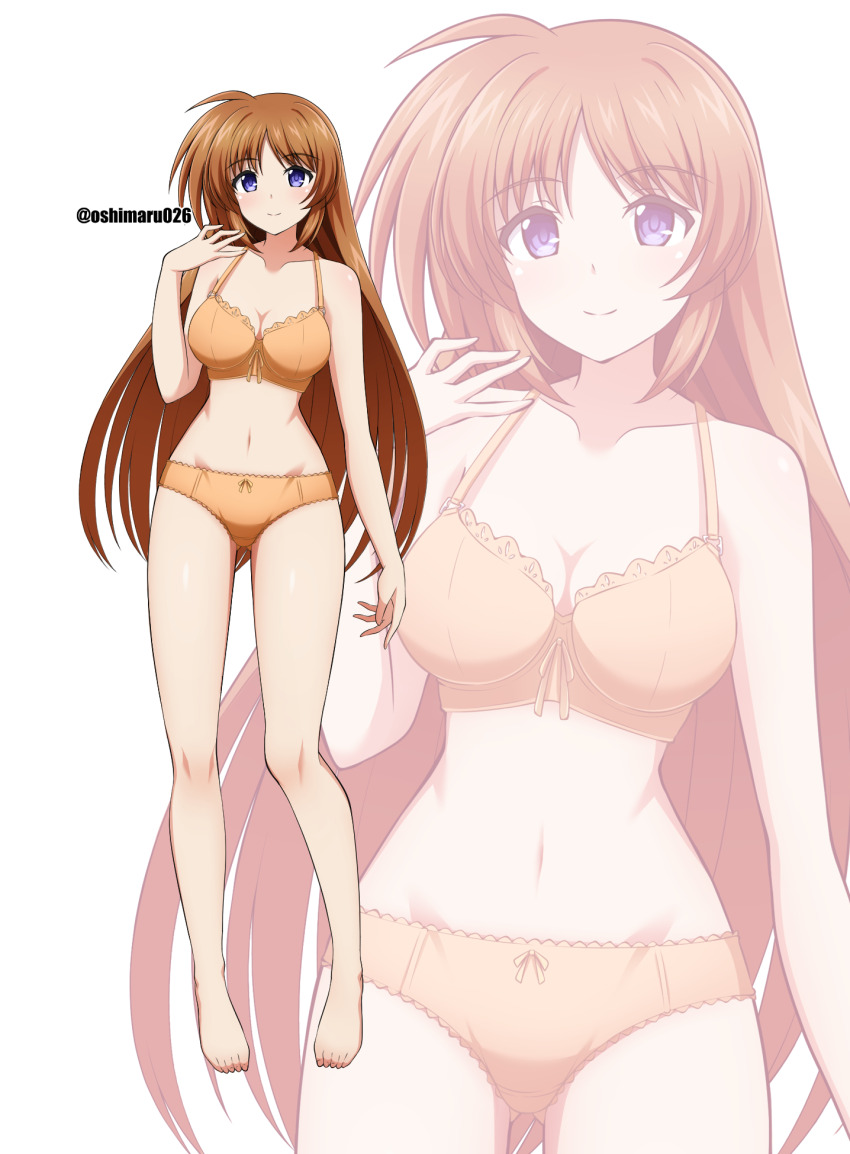 1girl, artist_name, barefoot, bra, breasts, brown_hair, cleavage, collarbone