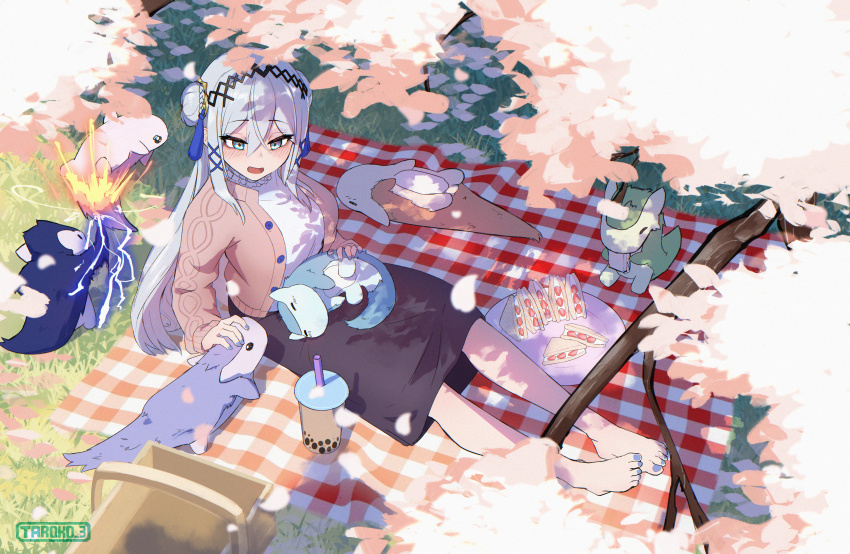 1girl, absurdres, aqua_eyes, artist_name, barefoot, blue_nails, blush, bubble_tea