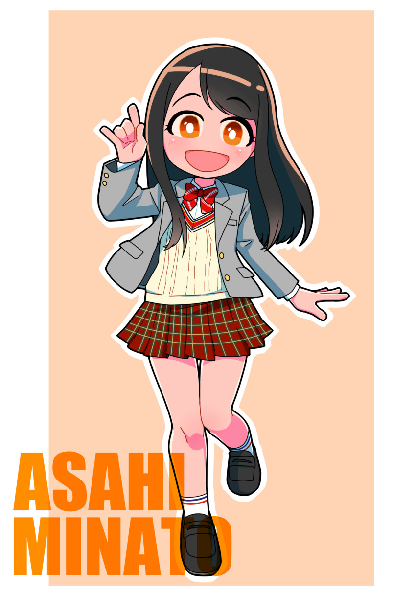 1girl, :d, \m/, animification, bare_legs, black_shoes, blazer, blush