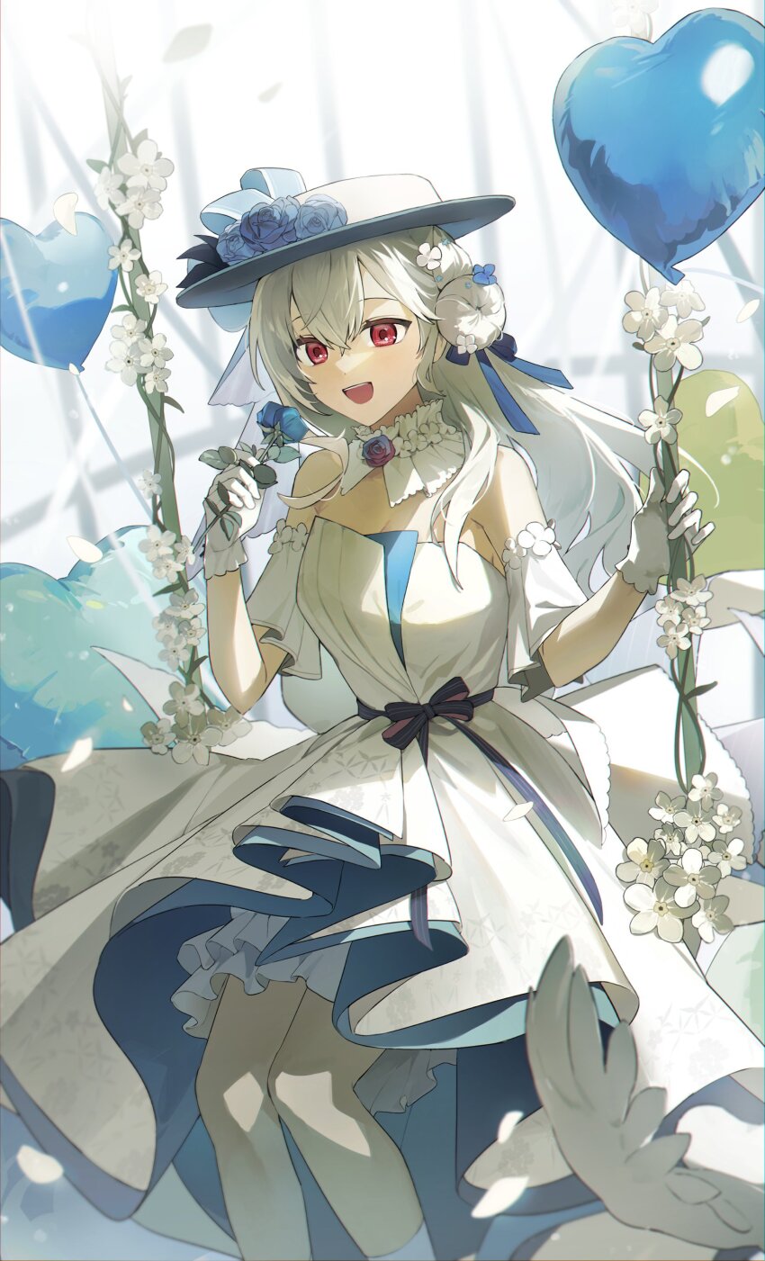 1girl, absurdres, balloon, bare_shoulders, bell_sleeves, blue_bow, blue_dress, blue_flower