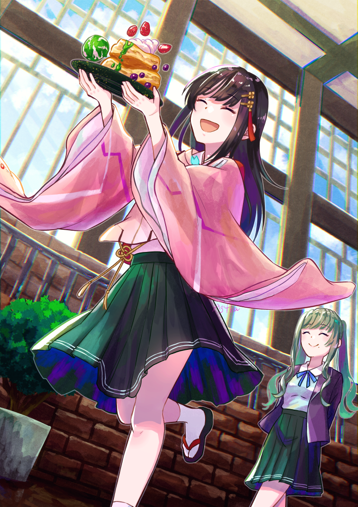 2girls, black_hair, black_hairband, black_skirt, breasts, brick_wall, cake, food