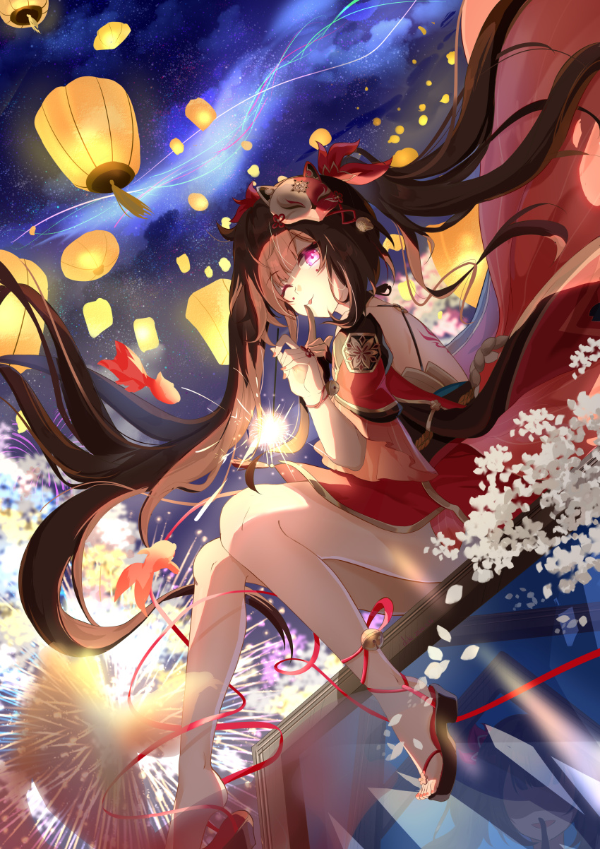 1girl, absurdres, back_tattoo, bare_shoulders, bell, black_shoes, brown_hair, commentary_request, criss-cross_back-straps, detached_sleeves, dress, fish, fox_mask, gloves, glowing, glowing_eyes, goldfish, highres, holding, holding_fireworks, honkai:_star_rail, honkai_(series), jingle_bell, lantern, long_hair, looking_at_viewer, lubeludlk, mark_under_both_eyes, mask, mask_on_head, night, o-ring, one_eye_closed, pink_eyes, red_dress, red_sleeves, sandals, shoes, single_glove, sitting, sky, solo, sparkle_(honkai:_star_rail), tattoo, tongue, tongue_out, twintails, zouri