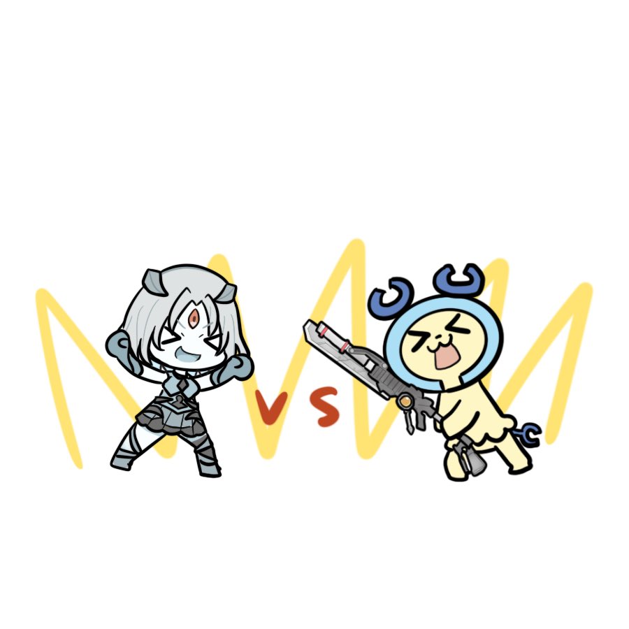 >_<, 1girl, 1other, :d, assault_lily, black_shirt, black_skirt, charmy_(assault_lily)