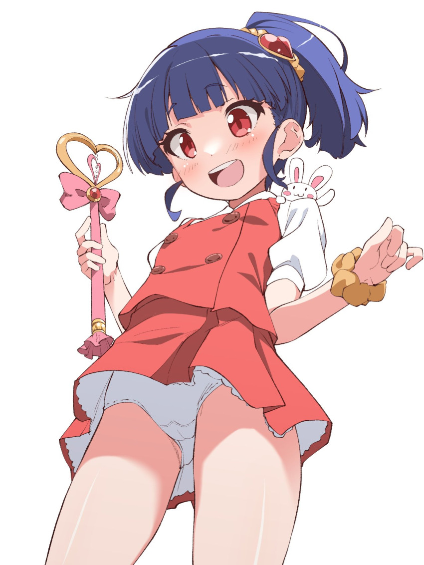 1girl, :d, bare_shoulders, blue_hair, blunt_bangs, blush, commentary_request, cowboy_shot, dot_nose, from_below, hair_ornament, hair_scrunchie, hands_up, happy, highres, holding, holding_staff, hoshigaki_manon, legs_apart, loli, looking_down, medium_hair, miniskirt, nekono_matatabi, open_mouth, panties, red_eyes, red_shirt, red_skirt, scrunchie, shirt, short_sleeves, side_ponytail, sidelocks, simple_background, skirt, smile, solo, staff, standing, straight_hair, teeth, tokyo_7th_sisters, underwear, upper_teeth_only, upskirt, white_background, white_panties, wrist_scrunchie, yellow_scrunchie