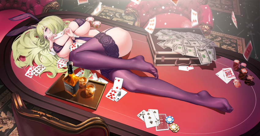 1girl, absurdres, ace_(playing_card), ace_of_clubs, ace_of_diamonds, ace_of_spades, animal_ears, ass