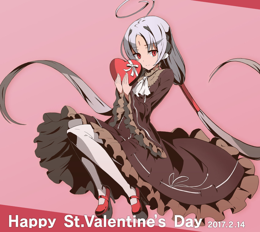 1girl, ahoge, alternate_costume, box, dated, dress, forehead_jewel, frilled_dress, frills, gift, gift_box, hair_tubes, hairband, happy_valentine, heart-shaped_box, high_heels, highres, holding, holding_gift, huge_ahoge, long_hair, low_twintails, nakahara_yuusuke, official_art, red_eyes, robot_ears, solo, twintails, under_night_in-birth, valentine, vatista_(under_night_in-birth), very_long_hair, white_hair