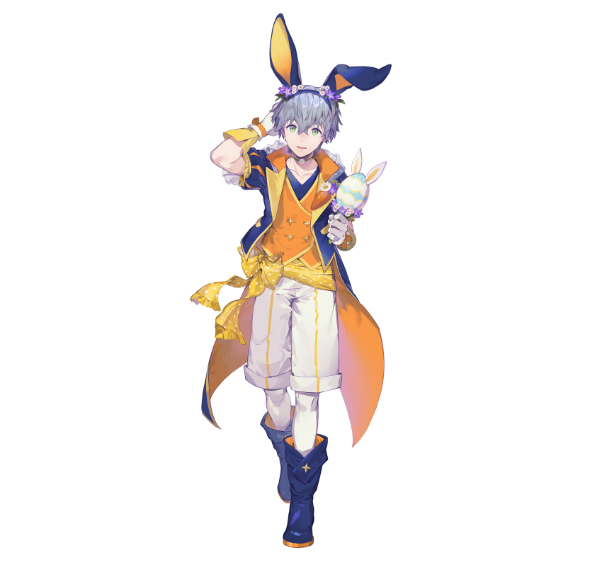 1boy, animal_ear_hairband, animal_ears, ashe_ubert, ashe_ubert_(spring), blue_boots, blue_hair, blue_hairband, blue_jacket, boots, commentary_request, easter, easter_egg, egg, fake_animal_ears, fire_emblem, fire_emblem:_three_houses, fire_emblem_heroes, full_body, gloves, green_eyes, hairband, hand_up, highres, holding, holding_weapon, jacket, looking_at_viewer, male_focus, nintendo, official_alternate_costume, official_art, orange_vest, pants, pantyhose, rabbit_ear_hairband, rabbit_ears, second-party_source, short_hair, shorts, simple_background, smile, solo, standing, suzuki_iori, vest, weapon, white_background, white_gloves, white_pantyhose, white_shorts