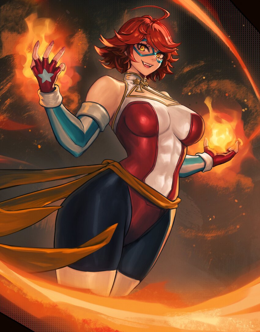 1girl, absurdres, ahoge, bike_shorts_under_leotard, black_shorts, breasts, cleavage, cleavage_cutout