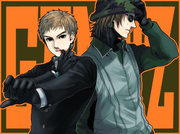 00s, 2boys, blood, brown_hair, gantz, gantz_suit, hat, mole