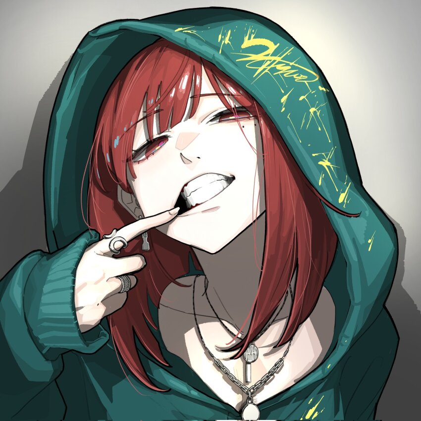 1girl, clenched_teeth, gwongiyeon67479, highres, hood, hoodie, jewelry, looking_at_viewer