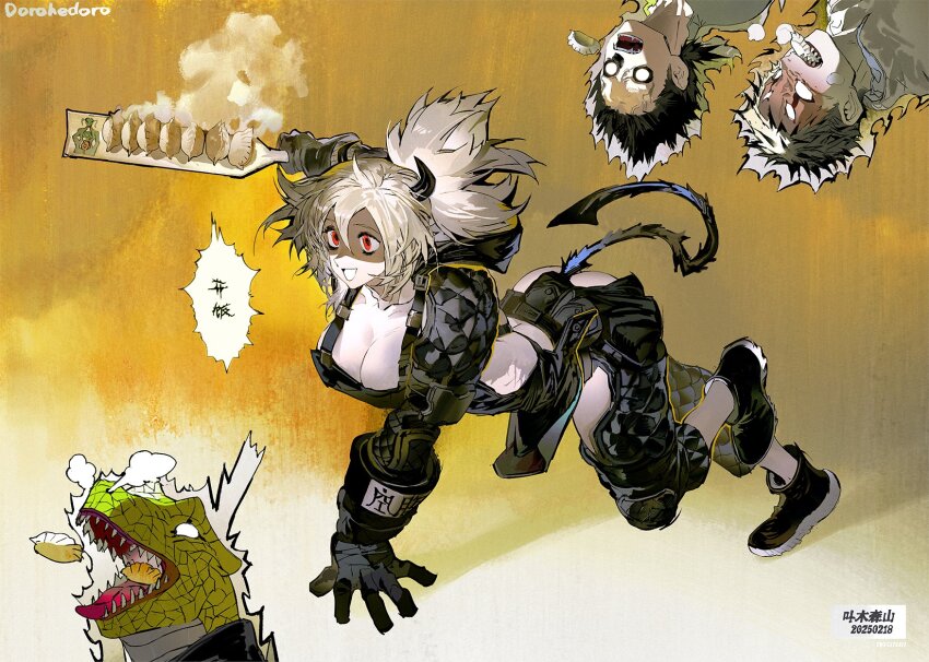 1girl, 3boys, angry, black_jumpsuit, black_pants, breasts, breasts_out, caiman_(dorohedoro)